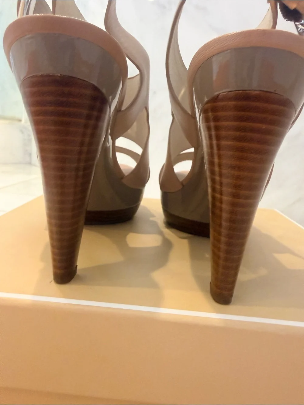 Michael Kors Carla platform Taupe Leather Platform Peeptoe Heels
